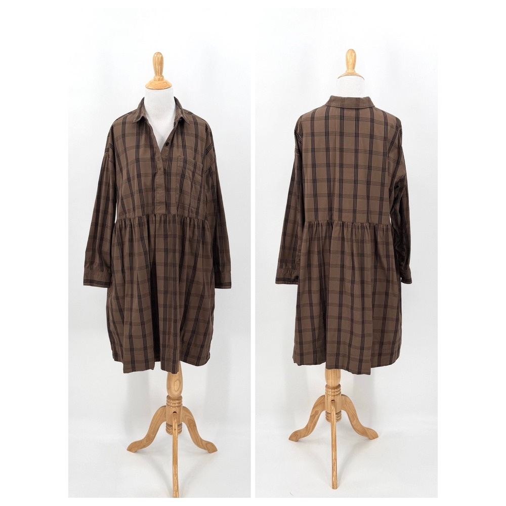 Everlane Shirt Dress Women Medium Brown Plaid Cotton Long Sleeve Babydoll Mini - Picture 5 of 16